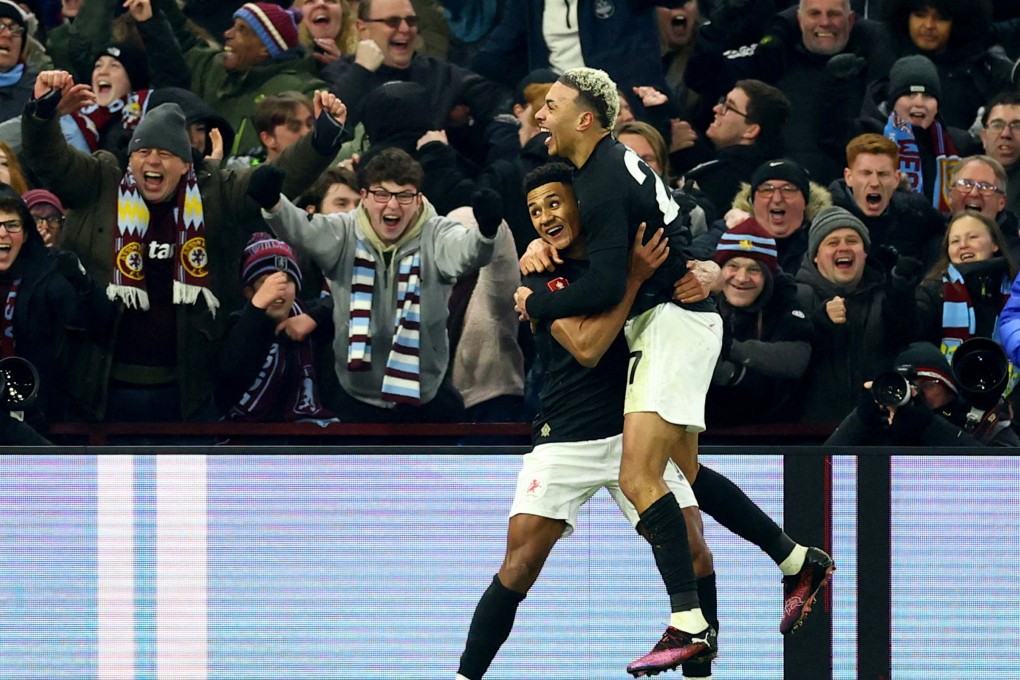 Aston Villa’s Morgan Rogers celebrates with Ollie Watkins after scoring his side’s second goal. Photo: Reuters