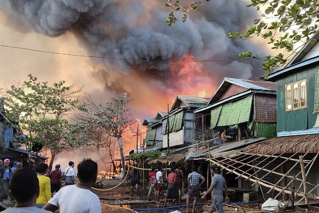 Flames rise from the site of an airstrike by Myanmar’s ruling junta, in Rakhine state, Myanmar, on Wednesday. Photo: AP