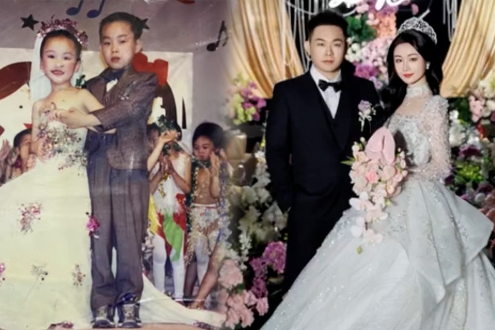 A couple in China who played husband and wife at kindergarten have tied the knot for real 20 years later. Photo: SCMP composite/Douyin