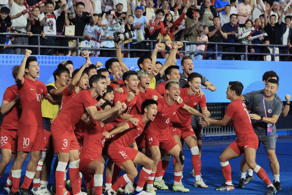 Hong Kong’s under-23 players celebrate their upset win over Iran in the Asian Games quarter-finals in 2023. Photo: Dickson Lee