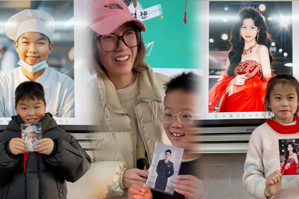 A primary school teacher in China is using artificial intelligence technology to create professional portraits of her students in the hope of inspiring them to chase their dreams. Photo: SCMP composite/Douyin