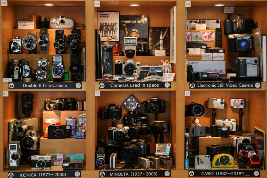 Old camera models are displayed at Tokyo’s Extinct Media Museum, a private museum showcasing a collection of defunct gadgets. Photo: Reuters