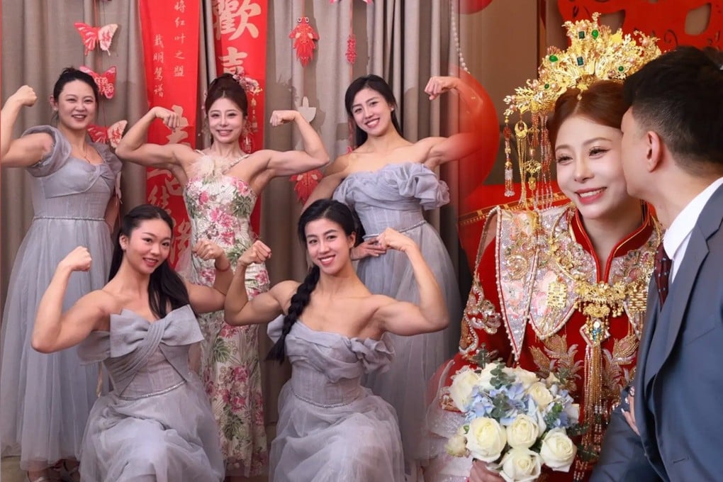 A super-fit bride and her equally muscle-bound bridesmaids have caused excitement at a wedding in China. Photo: SCMP composite/Douyin