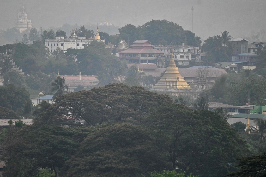 A view of Myanmar’s Myawaddy town seen from Mae Sot district in Thailand. A number of foreigners fled an online scam centre in Myanmar across the border to Thailand last year. Photo: AFP
