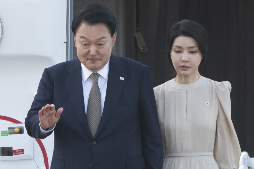 South Korea’s President Yoon Suk-yeol accompanied by first lady Kim Keon-hee (right) arrive at Andrews Air Force Base, Maryland in July 2024, to attend the Nato summit in Washington. Photo: AP