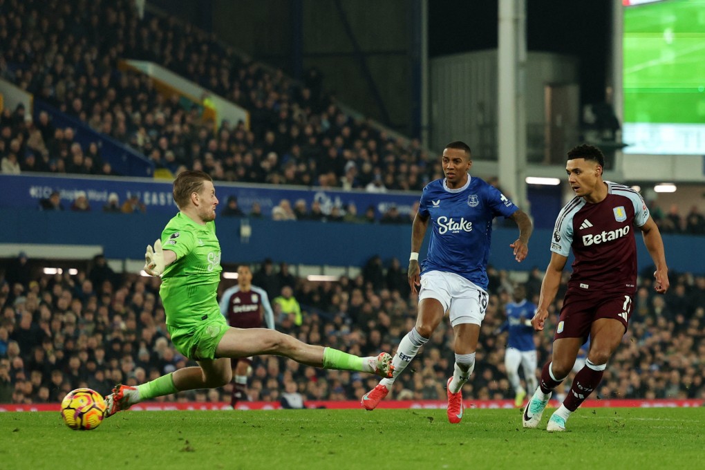 Ollie Watkins fires his decisive second-half strike beyond Everton goalkeeper Jordan Pickford. Photo: Reuters