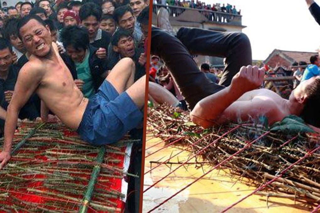 A rural ritual in China sees villagers rolling on a “thorn bed”, enduring cuts and scars to connect with the deities. Photo: SCMP composite/Sina