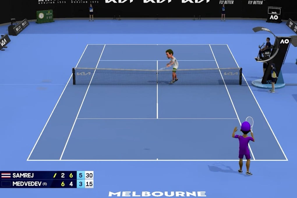 An animated form of Daniil Medvedev (left) smashing his racquet in his match against Kasidit Samrej on Tuesday. Photo: AP