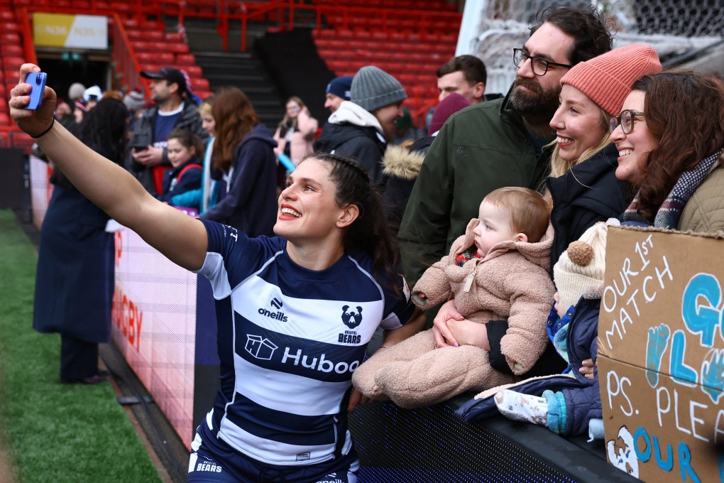 Ilona Maher takes a selfie with fans after her debut in English club rugby for Bristol Bears. Photo: Reuters