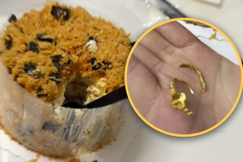 A Chinese man was stunned when his ring-in-cake surprise marriage proposal went wrong as his girlfriend almost ate the love token. Photo: SCMP composite/Douyin