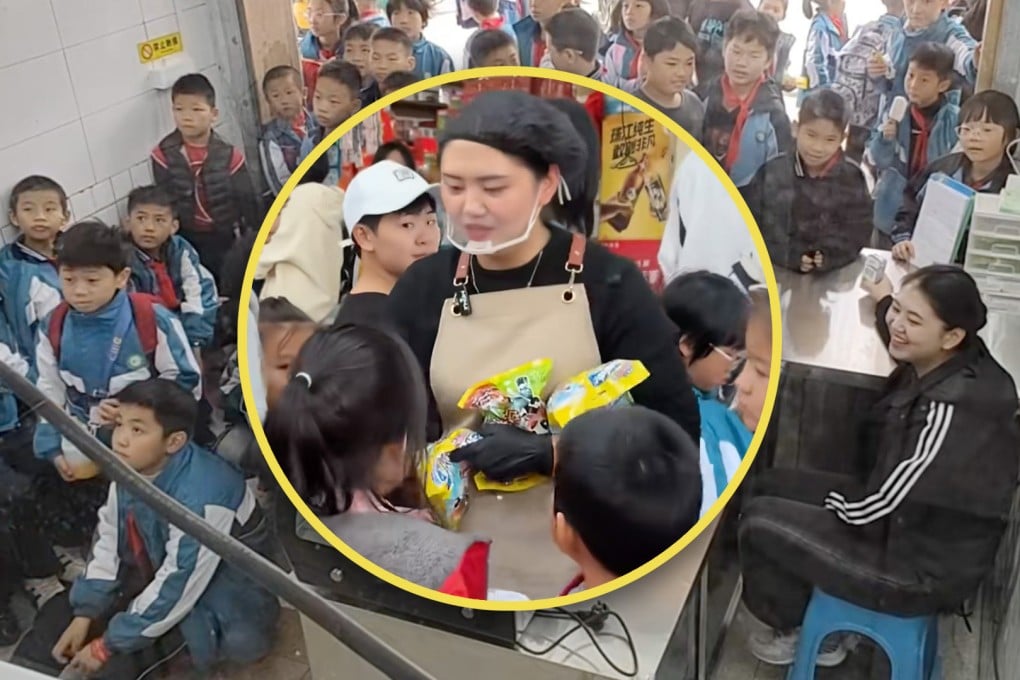 A snack shop in China has become firm favourite with hundreds of primary school students who flock there to watch TV for free. Photo: SCMP composite/Douyin