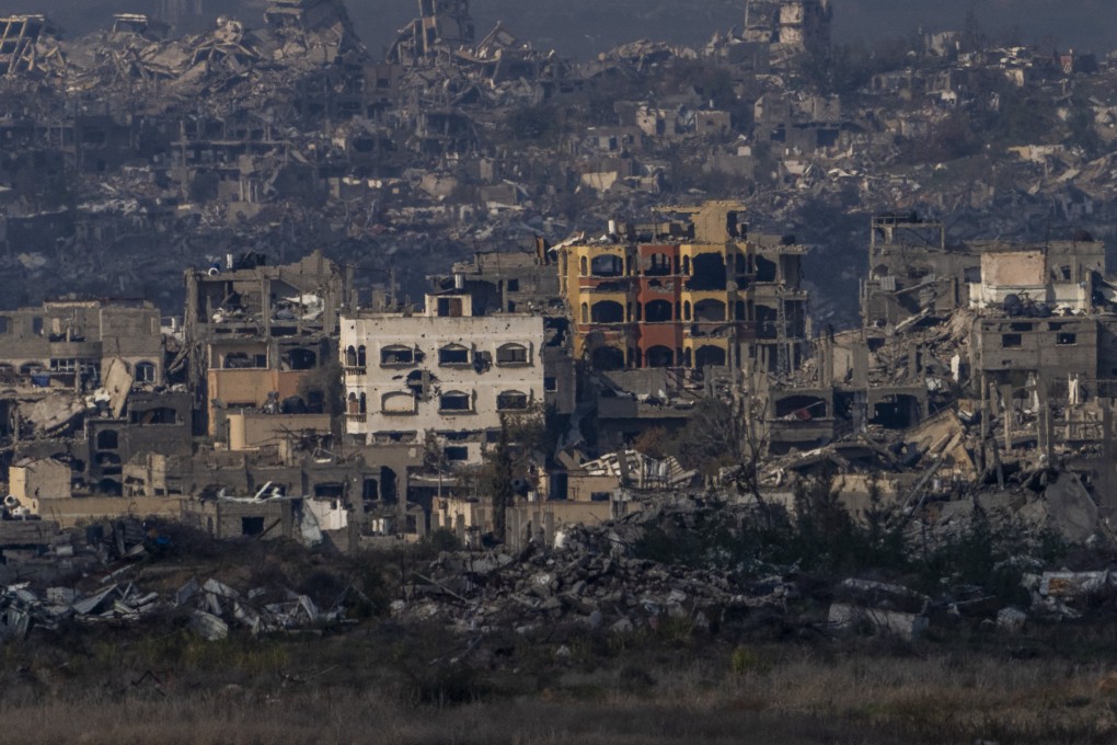Destroyed buildings by Israeli bombardments as seen inside the Gaza Strip from southern Israel, January 16, 2025. Photo: AP
