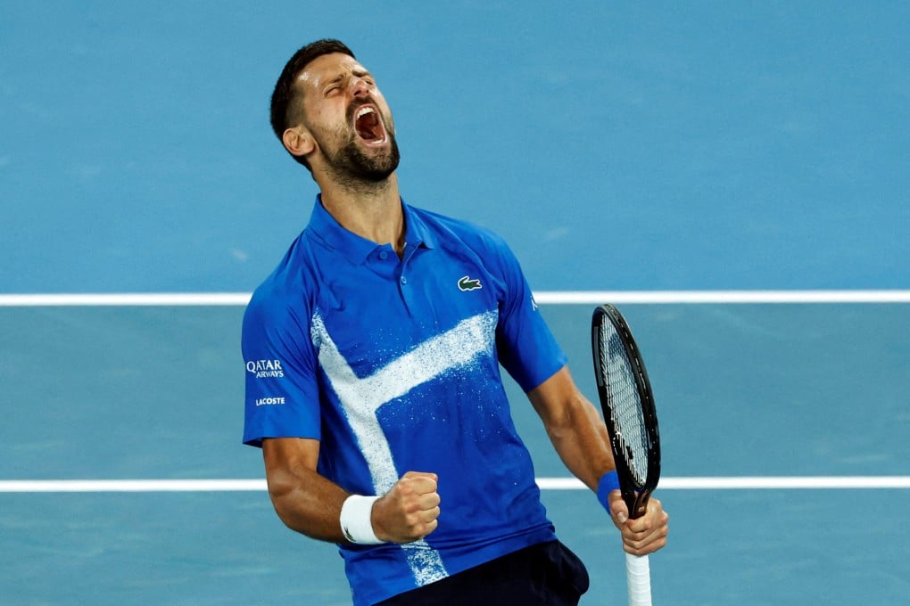 Novak Djokovic lets out a roar after winning his third-round match against Tomas Machac on Friday. Photo: Reuters