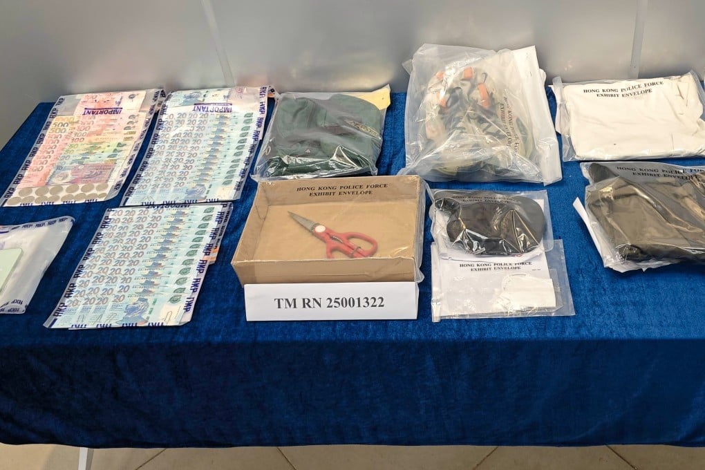 Hong Kong police display evidence in the case, including the scissors used by the suspect to threaten his elderly victim. Photo: Handout