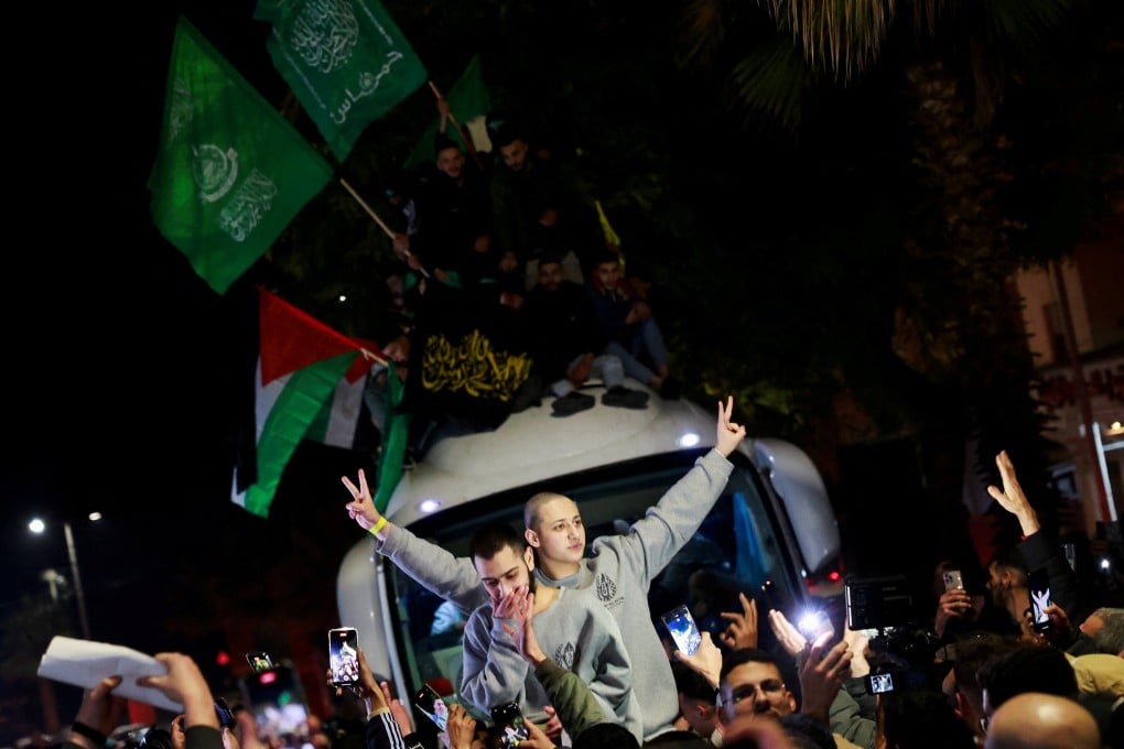 Scenes in Ramallah, in the Israeli-occupied West Bank, as freed Palestinians arrive by bus. Photo: Reuters