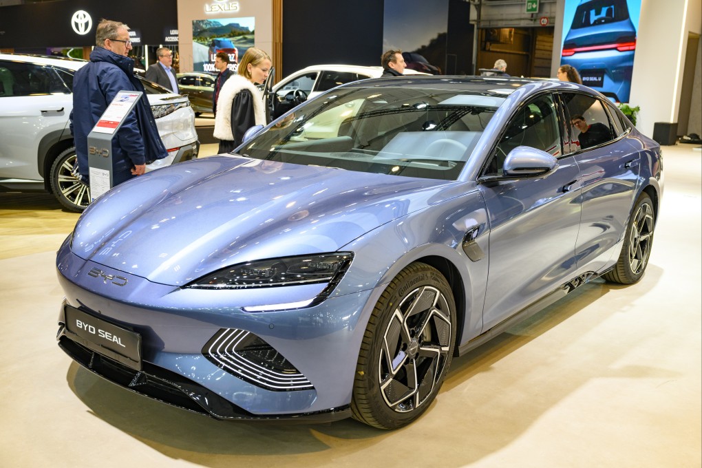 A BYD Seal electric vehicle is displayed at a trade show in Brussels in January. Tensions between the EU and China are predicted to rise again this year due to an uptick in Chinese electric vehicle exports. Photo: Getty Images