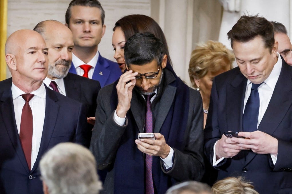 Businessmen Jeff Bezos, Alphabet’s CEO Sundar Pichai and Elon Musk attend Donald Trump’s inauguration. Photo: Pool/Reuters
