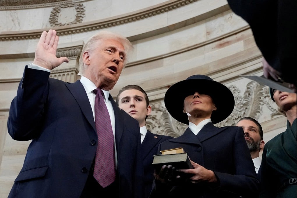 Donald Trump is sworn in as the 47th president of the United States in Washington on Monday. Trump’s failure to announce tariff policies against China during his first day in office caused the yuan to surge against the US dollar. Photo: Reuters