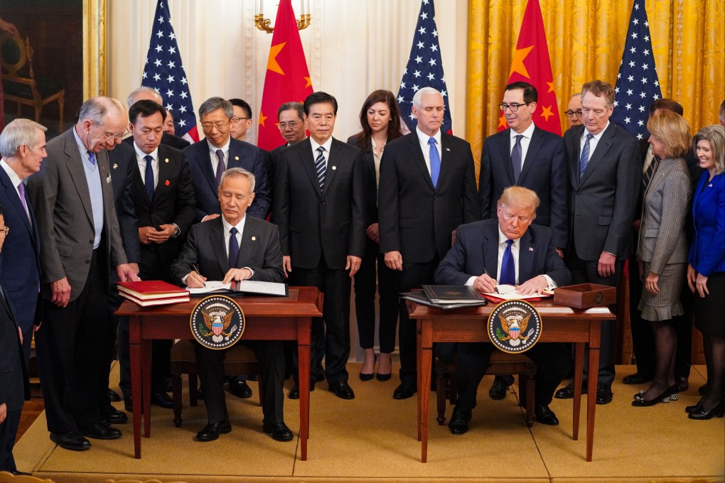 US President Donald Trump and former Chinese vice-premier Liu He sign the phase-one trade deal at the White House in 2020. A review of the deal during Trump’s second term may put pressure on China to fulfil its missed requirements. Photo: Xinhua