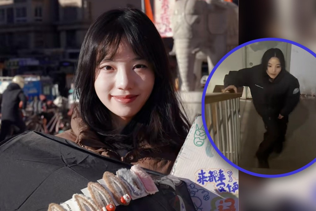 A disabled and abandoned girl in China is making ends meet by selling hairpins on the street while dreaming of taking her grandmother on a trip. Photo: SCMP composite/Douyin