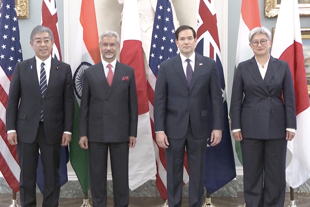 Meeting on Tuesday in Washington are (from left) Takeshi Iwaya, Japan’s foreign minister; Indian Foreign Minister Subrahmanyam Jaishankar; US Secretary of State Marco Rubio; and Penny Wong, Australia’s foreign minister. Photo: US State Department