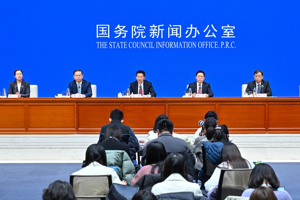 Wu Qing, chairman of the China Securities Regulatory Commission (third from left) announces new measures to stabilise China’s stock market in Beijing on January 23, 2025. Photo: Xinhua