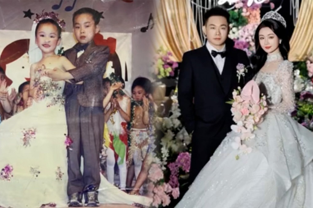 A couple in China who played husband and wife at kindergarten tied the knot for real 20 years later. Photo: SCMP composite/Douyin