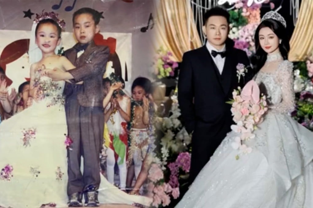 A couple in China who played husband and wife at kindergarten tied the knot for real 20 years later. Photo: SCMP composite/Douyin