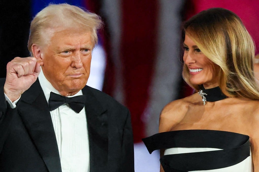 US President Donald Trump on stage with his wife First Lady Melania Trump at the Liberty Inaugural Ball on January 20, 2025. Photo: Getty Images via AFP