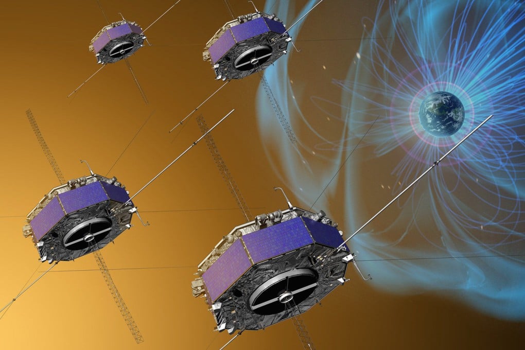 An artist’s depiction of the Magnetospheric Multiscale (MSS) Mission. The four satellites have been collecting valuable data about the Earth’s magnetic field since 2015. Illustration: Nasa