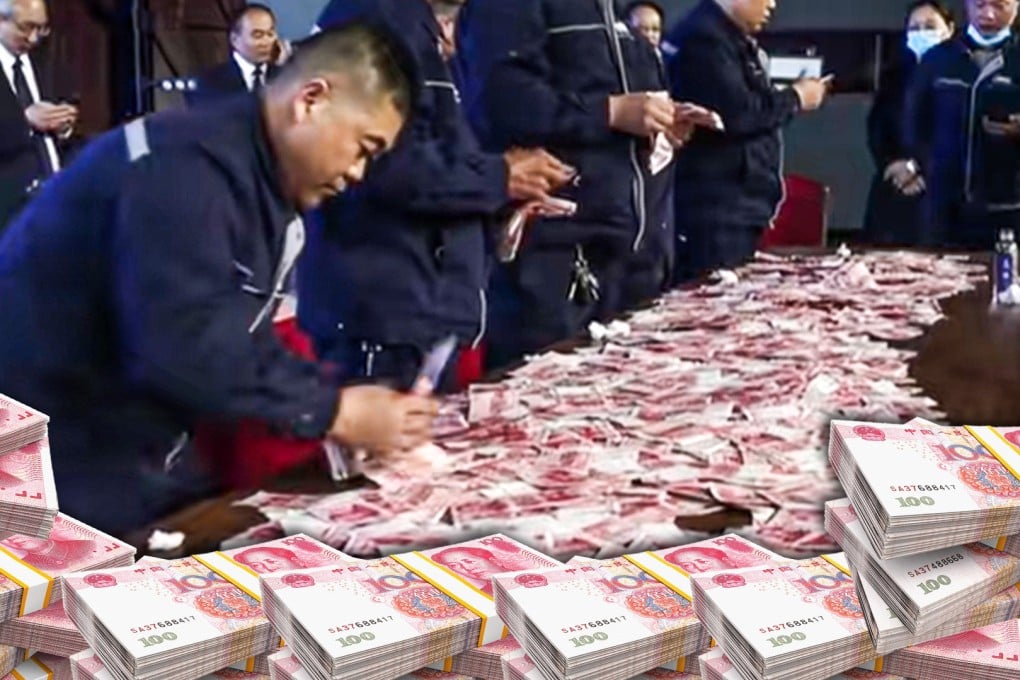 One Chinese firm turned year-end bonuses into a game last year, allowing staff to take home as much as they could count in a given time. Photo: SCMP composite/Shutterstock/Douyin