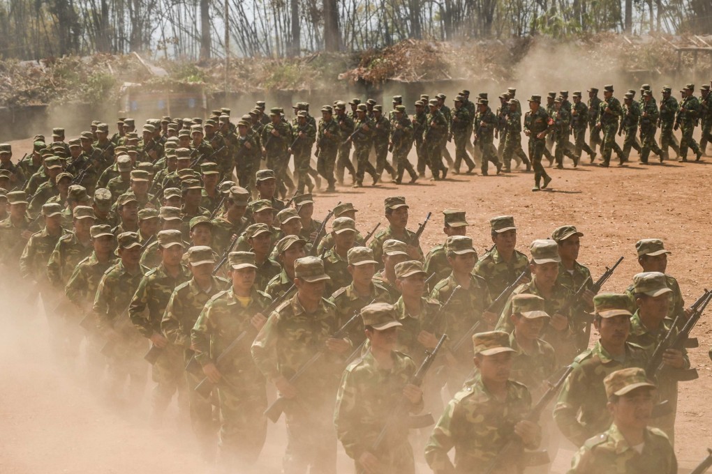 Rebel fighters from the Ta’ang National Liberation Army train in Myanmar’s northern Shan state. Maung Saungkha’s BPLA works alongside better-equipped groups like the TNLA. Photo: AFP