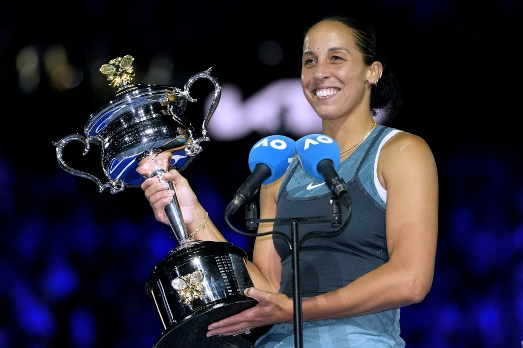 Madison Keys holds her trophy after defeating Aryna Sabalenka in the women’s singles final in Melbourne. Photo: AP