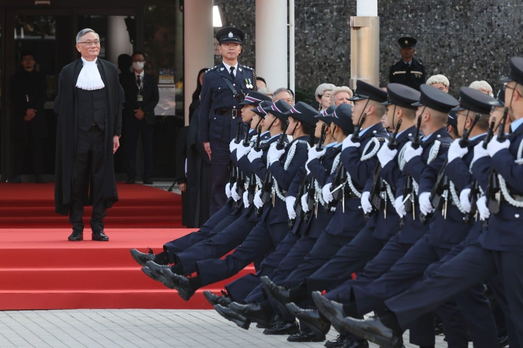 Chief Justice Andrew Cheung Kui-nung inspects the ceremonial guard mounted by the Hong Kong Police Force at Edinburgh Place ahead of his speech to mark the opening of the legal year, on January 20. Photo: Dickson Li