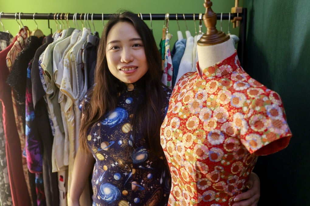 Cheongsam maker Chocolate Tsang poses in one of her creations at her studio, Stand Tall D, in Kwai Chung, Hong Kong. Photo: Edmond So
