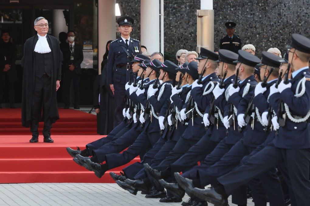 Chief Justice Andrew Cheung inspects the ceremonial guard mounted by the Hong Kong Police Force at Edinburgh Place on January 20 ahead of his speech to mark the opening of the legal year. Photo: Dickson Li