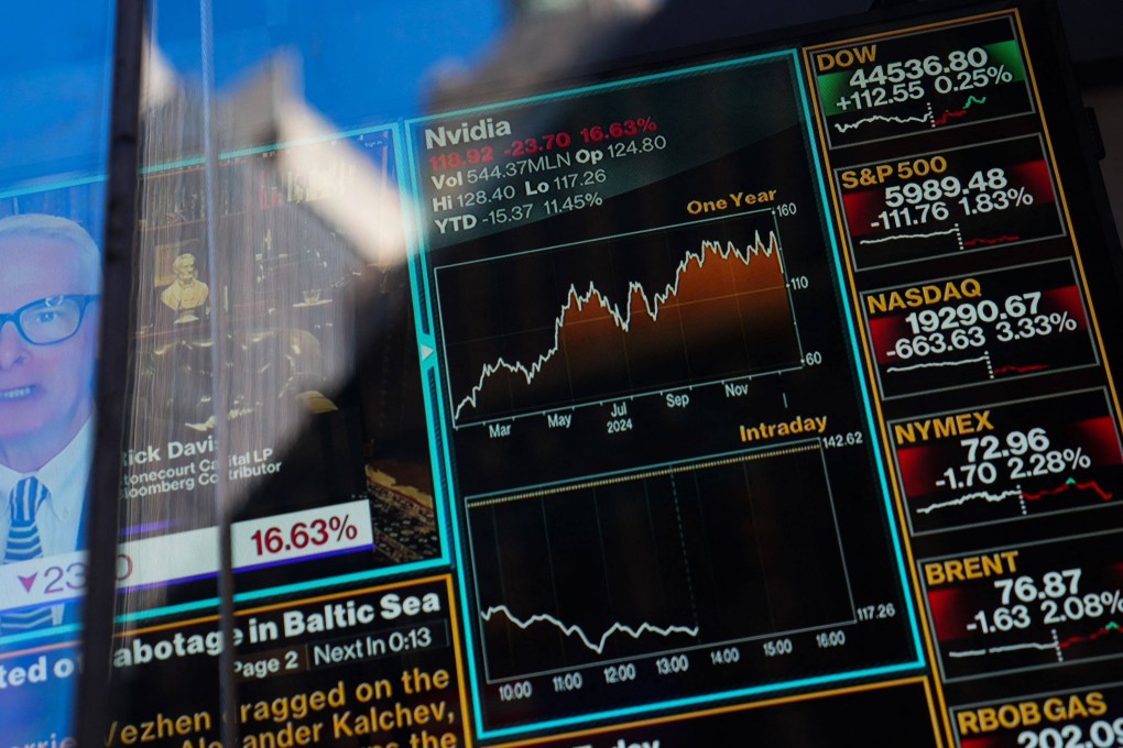 Television graphics are seen in the window of Nasdaq headquarters in Times Square, New York on January 27. Photo: AFP