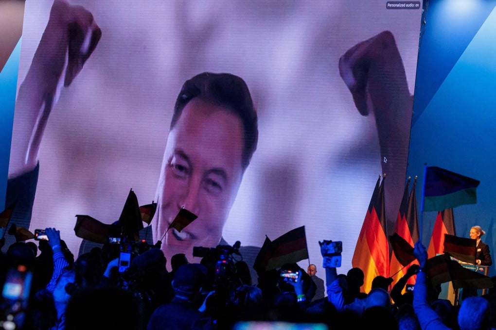 US tech billionaire and businessman Elon Musk is seen on a large screen as Alice Weidel, right, co-leader of Germany’s far-right Alternative for Germany (AfD) party, addresses an election campaign rally in Halle, eastern Germany on Saturday. Photo: AFP