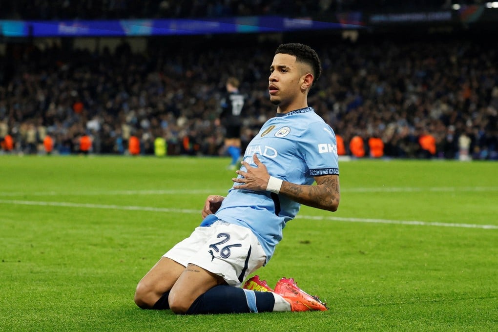 Savinho celebrates scoring Manchester City’s third goal against Club Brugge. Photo: Reuters