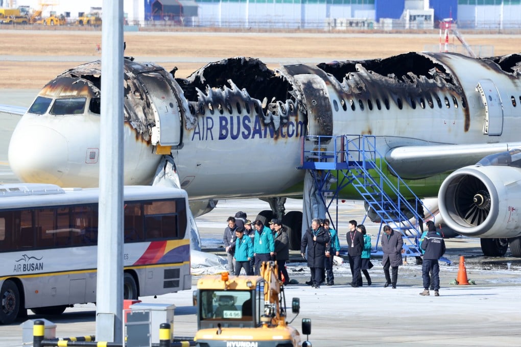 The Air Busan aircraft was severely damaged in the fire at Gimhae International Airport in Busan. Photo: EPA-EFE The Air Busan aircraft was severely damaged in the fire at Gimhae International Airport in Busan. Photo: EPA-EFE
