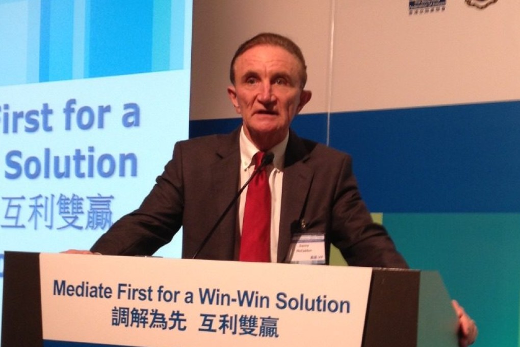 Danny McFadden speaks at the “Mediate First for a Win-Win Solution” conference in Hong Kong in March 2014.  After becoming a lawyer, Danny McFadden became an expert trainer in dispute resolution. He frequently gives talks about mediation in Asia and beyond. Photo: Courtesy of Danny McFadden