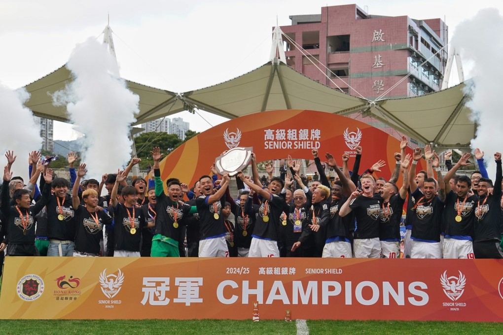 Eastern players lift the Senior Shield trophy at Mong Kok Stadium. Photo: Elson Li