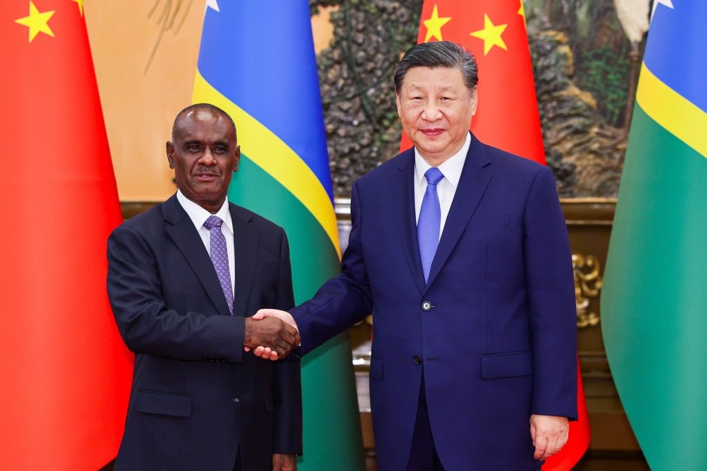 Solomon Islands Prime Minister Jeremiah Manele and Chinese President Xi Jinping agreed to a deal in 2022 which raised concerns with Australia and the US. Now a UK admiral has warned over China’s influence with Pacific Island nations. Photo: Xinhua