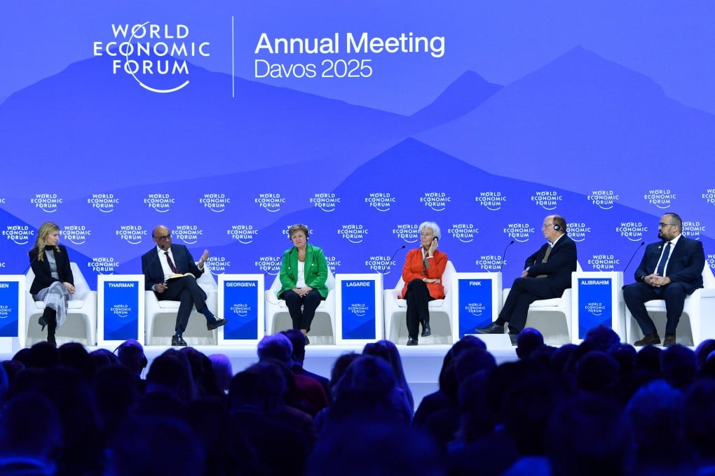 Singapore’s President Tharman Shanmugaratnam (second from left), International Monetary Fund Managing Director Kristalina Georgieva (third from left), and others take part in a panel discussion at the World Economic Forum annual meeting in Davos, Switzerland, last month. Photo: Xinhua
