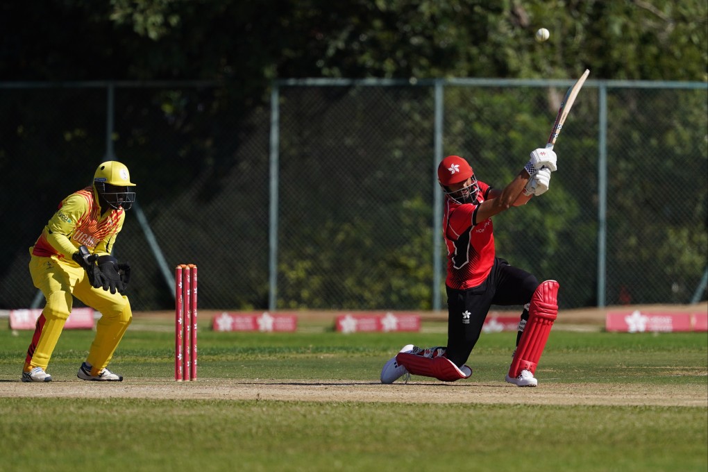 Nizakat Khan climbs into the Uganda bowling during Hong Kong’s 68-run victory. Photo: Elson Li