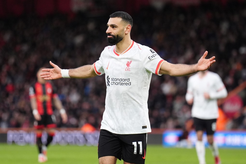 Mohamed Salah celebrates scoring Liverpool’s second goal against Bournemouth. Photo: PA