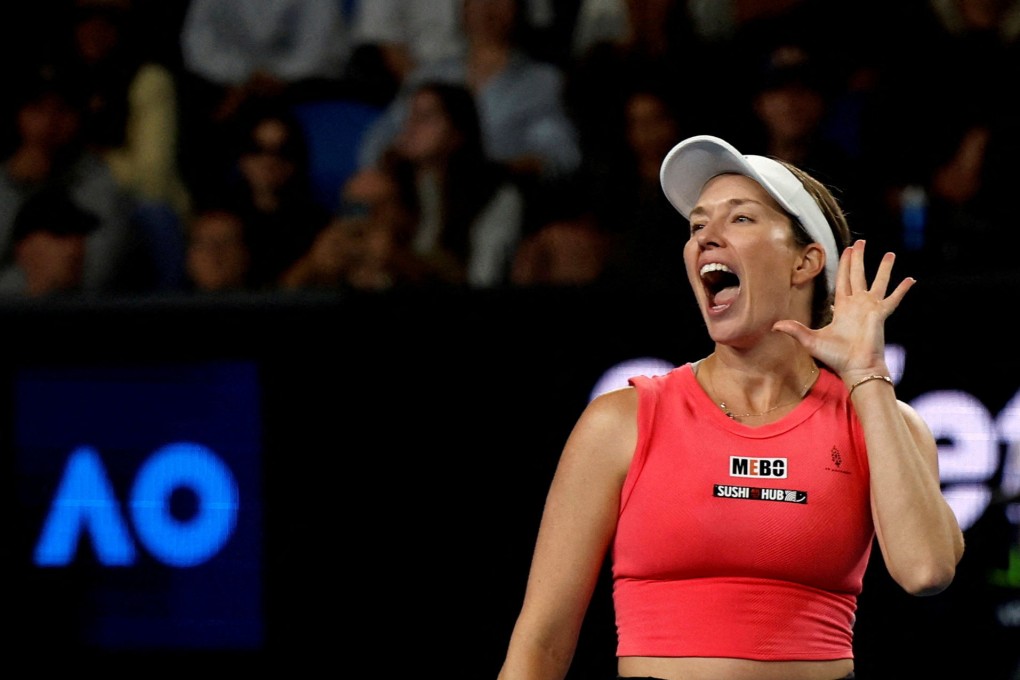 Danielle Collins responds to the crowd after winning her Australian Open second-round match against Australia’s Destanee Aiava. Photo: Reuters