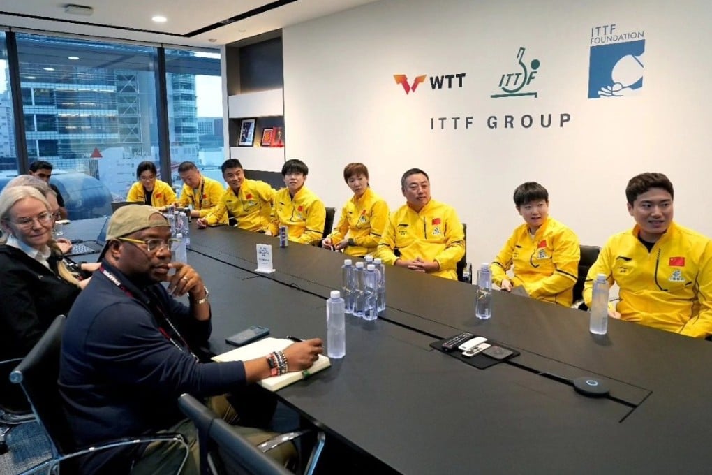 Chinese national team members in their meeting with the ITTF in Singapore. Photo: Handout