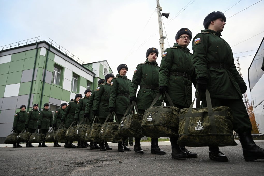 Russian conscripts called up for military service in Bataysk in the Rostov region. Russia’s defence ministry said that its air defence units intercepted and destroyed 70 Ukrainian drones over Russian territory overnight, including over the Rostov region. Photo: Reuters