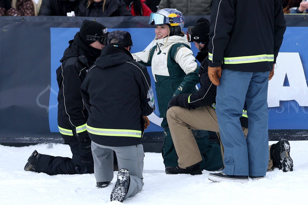 Eileen Gu is helped by medics after her initial injury during the X Games in Aspen on January 24. Photo: Getty Images via AFP